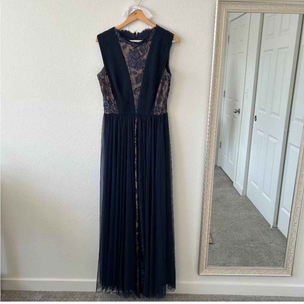 Tadashi Shoji Floor Length Gown, 12, Navy Blue with Contrast Lining